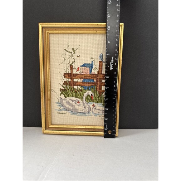 Vintage Finished Girl Hummel Swans Wall Decor Art Framed 7.5”x10.5” Handmade - Picture 4 of 6